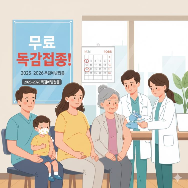 따뜻한 톤의 일러스트, 마스크 쓴 아이와 임신부, 할머니가 보건소에서 독감주사를 맞는 장면, 배경에 2025-2026 독감예방접종 포스터와 달력이 보이고, 큰 제목 &ldquo;무료 독감접종 시작!&rdquo; 문구, 밝고 신뢰감 있는 분위기