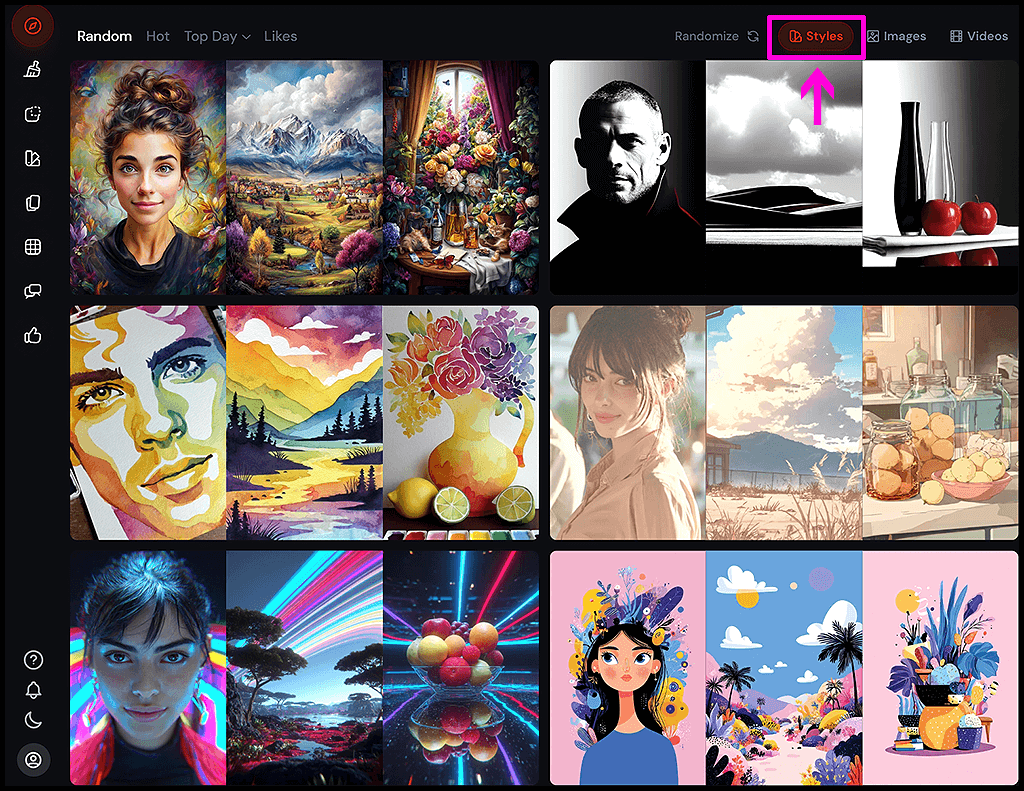 Midjourney Style Explorer V1, 다양한 스타일 썸네일과 검색창이 있는 메인 화면 이미지_Midjourney