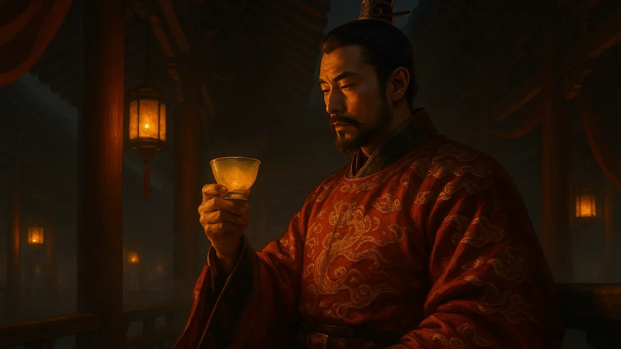 고대 중국 궁궐에서 술잔을 들고 깊은 사색에 잠긴 현명한 군주의 모습 - 절제와 지혜를 상징하는 장면