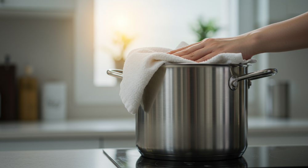 새 스테인리스 냄비에 묻은 연마제를 키친타월로 깨끗하게 닦아내는 모습으로, 건강한 주방 환경을 위한 필수 과정을 강조합니다.