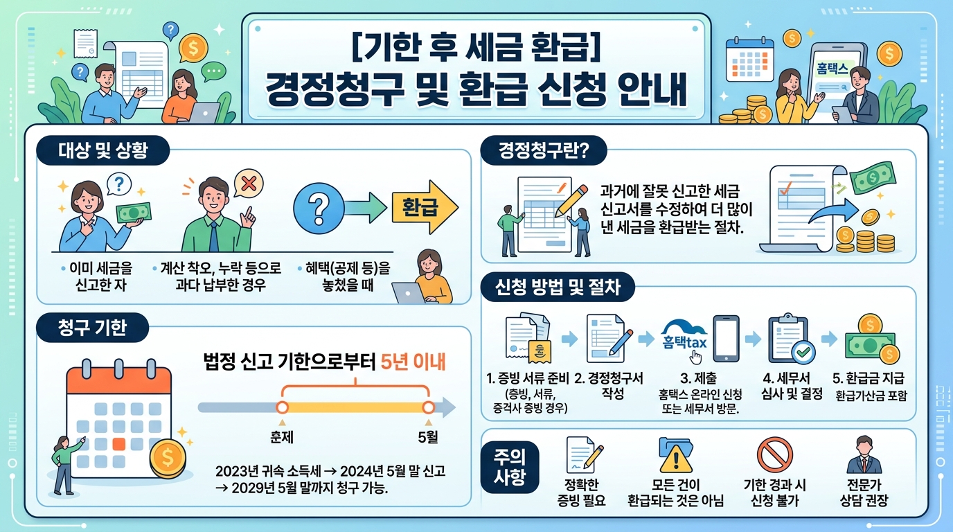 신고 기간이 지난 후에도 환급금을 청구할 수 있는 기한 후 신고 및 경정청구 안내 이미지
