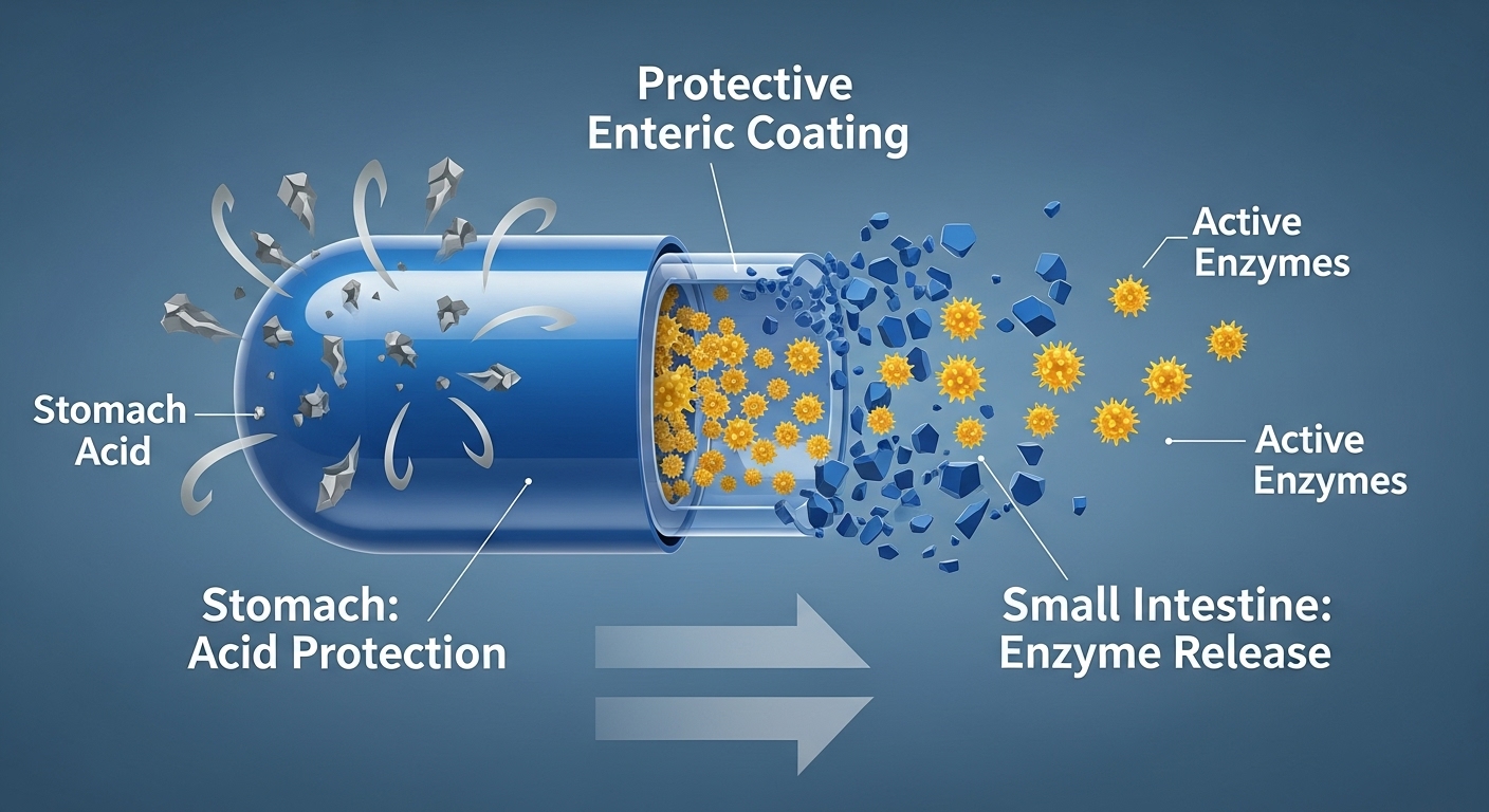 위산으로부터 브로멜라인을 보호하고 장에서 용해되는 장용성 코팅 캡슐의 작동 원리를 보여주는 과학적 다이어그램.