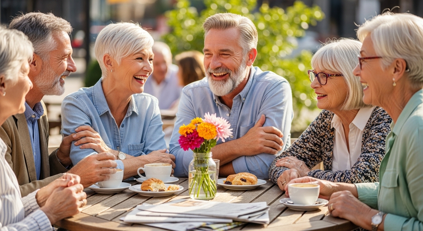 60대 친구들 여러 명이 야외 카페에 모여 함께 웃으며 이야기하는 모습