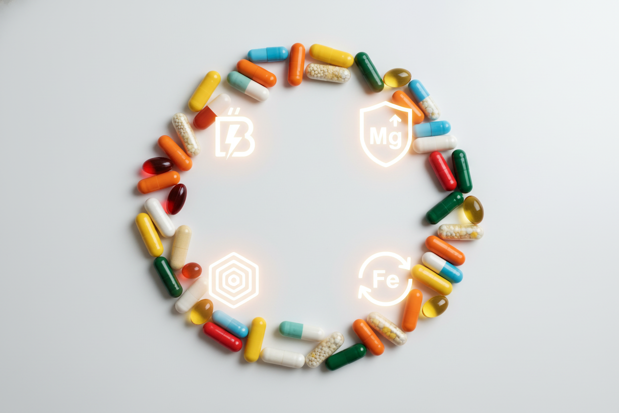 알록달록한 비타민 캡슐과 미네랄 아이콘이 원형으로 배열된 이미지, 에너지·기력 관리 키워드를 상징적으로 표현한 밝고 건강한 느낌의 그림.