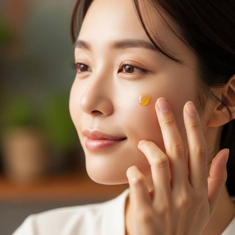 걱오일을 얼굴에 바르며 건강하고 빛나는 피부를 표현하는 여성의 모습