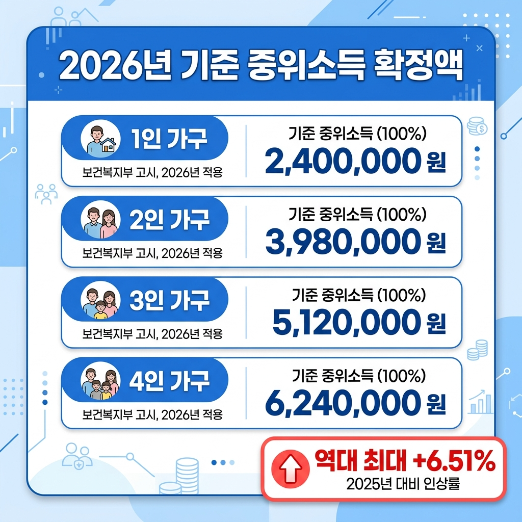 2026 기준 중위소득 가구별 확정 금액