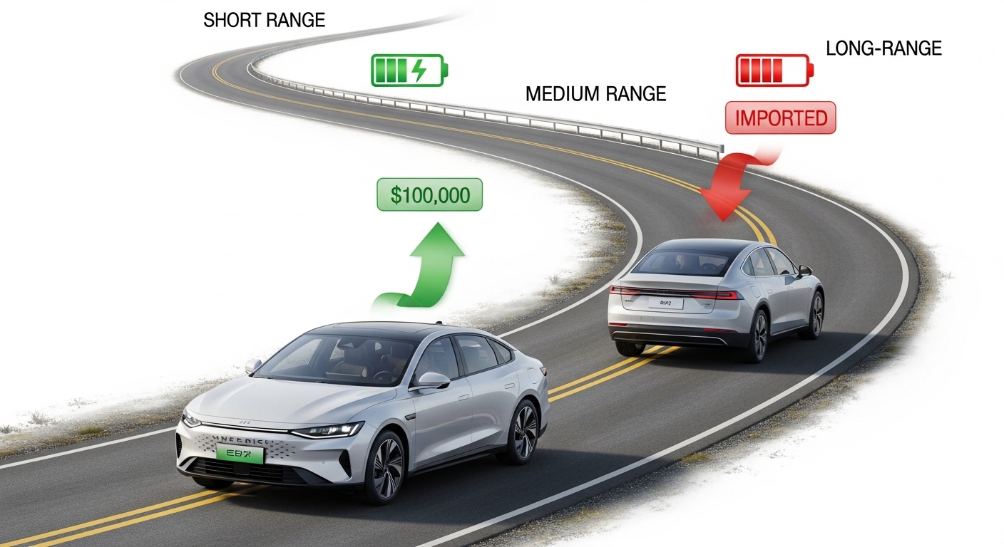 국산차와 수입차, 그리고 주행거리별로 차등 적용되는 2025년 전기차 보조금 정책을 보여주는 이미지