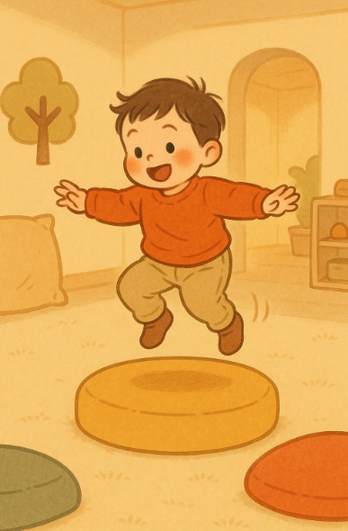 실내에서 점프와 회전 놀이를 하며 균형을 잡고 있는 2~3세 아이