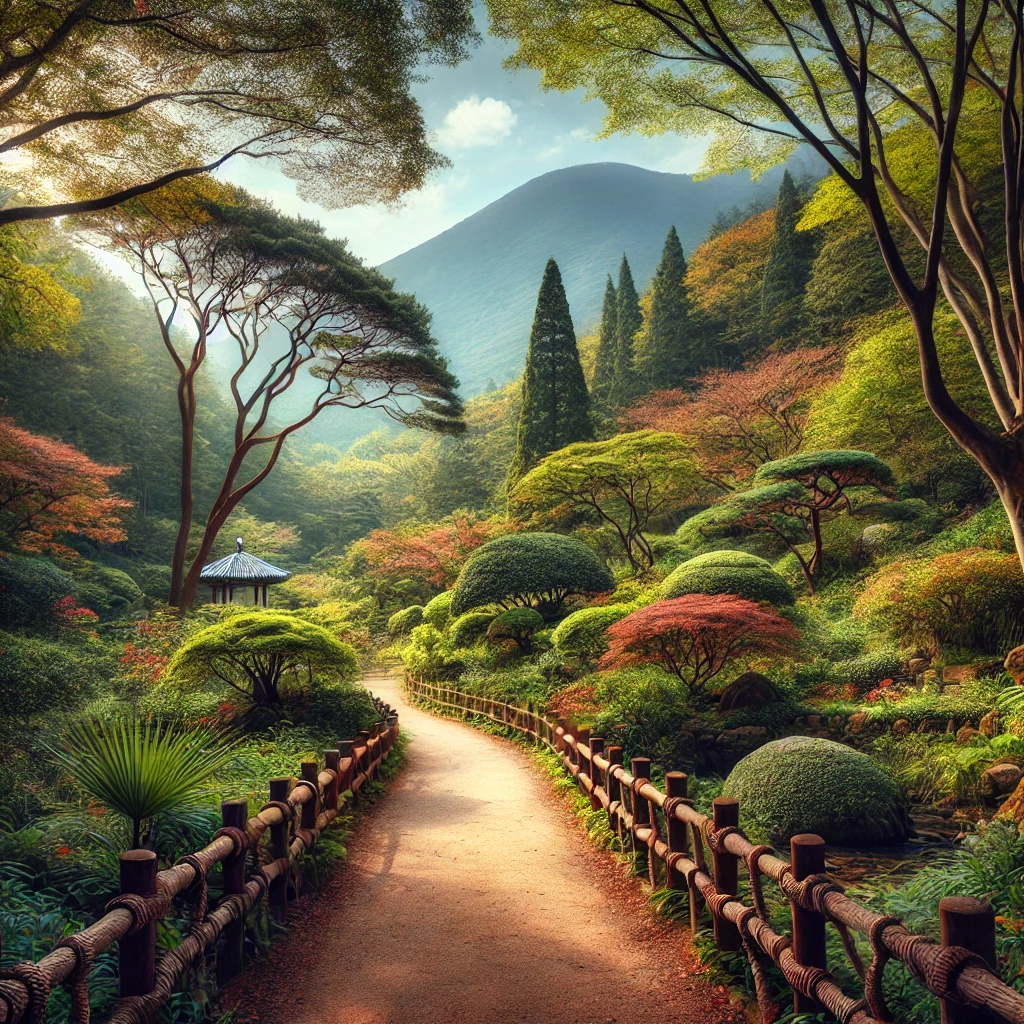 화담숲의 평화로운 산책로, 울창한 녹음과 가을 단풍으로 둘러싸인 길이 완만하게 구부러져 있으며, 배경에는 산과 푸른 하늘이 어우러져 있는 자연 경관.