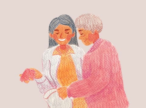 노인과 함께 있는 여성