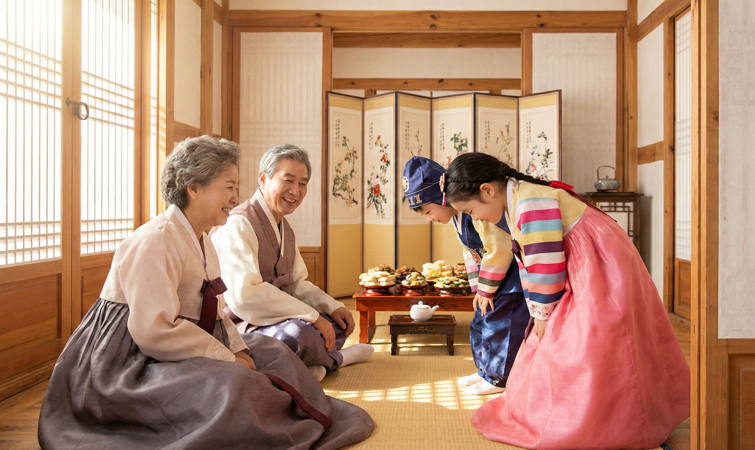 전통 한옥 마루에서 파란색과 분홍색 한복을 입은 어린 두 아이가 환하게 웃고 계신 할머니와 할아버지 앞에서 공손하게 엎드려 세배를 하고 있다. 뒤편으로 병풍과 전통 다과상이 놓여 있다.