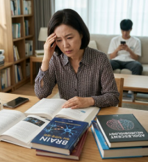 식탁에 앉아 아들의 거친 한마디에 속상한 표정으로 마음을 추스르는 엄마의 모습