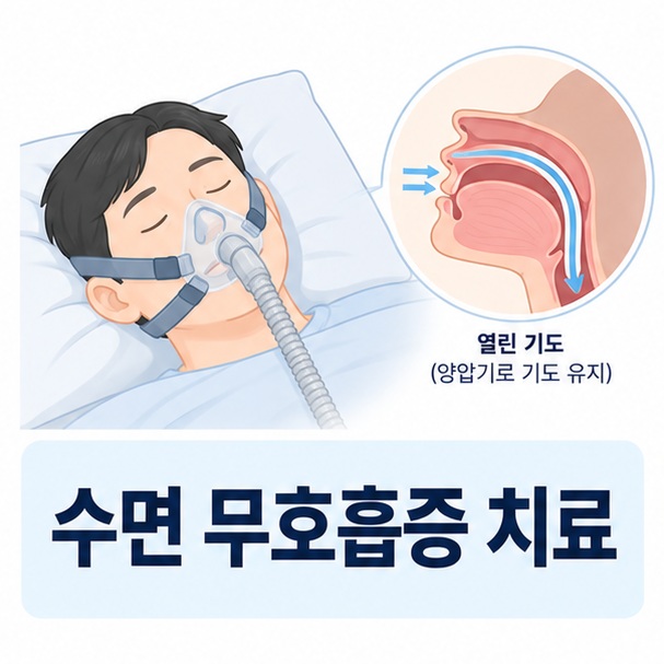 수면 무호흡증 치료와 양압기 마스크를 착용하고 자는 모습을 보여주는 의료 안내 이미지