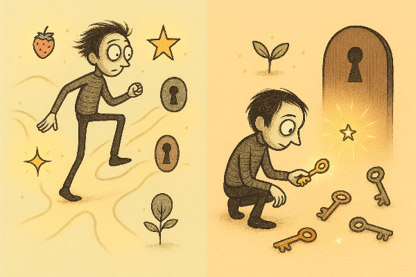 다양한 상징의 갈림길과 열쇠 속에서 회복의 길을 탐색하는 팀 버튼풍 캐릭터