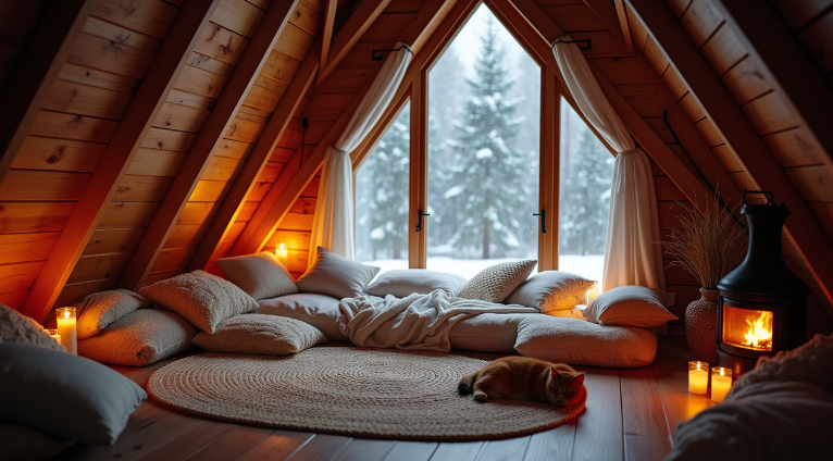 한겨울, 따뜻한 방안 카펫에 누워있는 고양이 이미지.