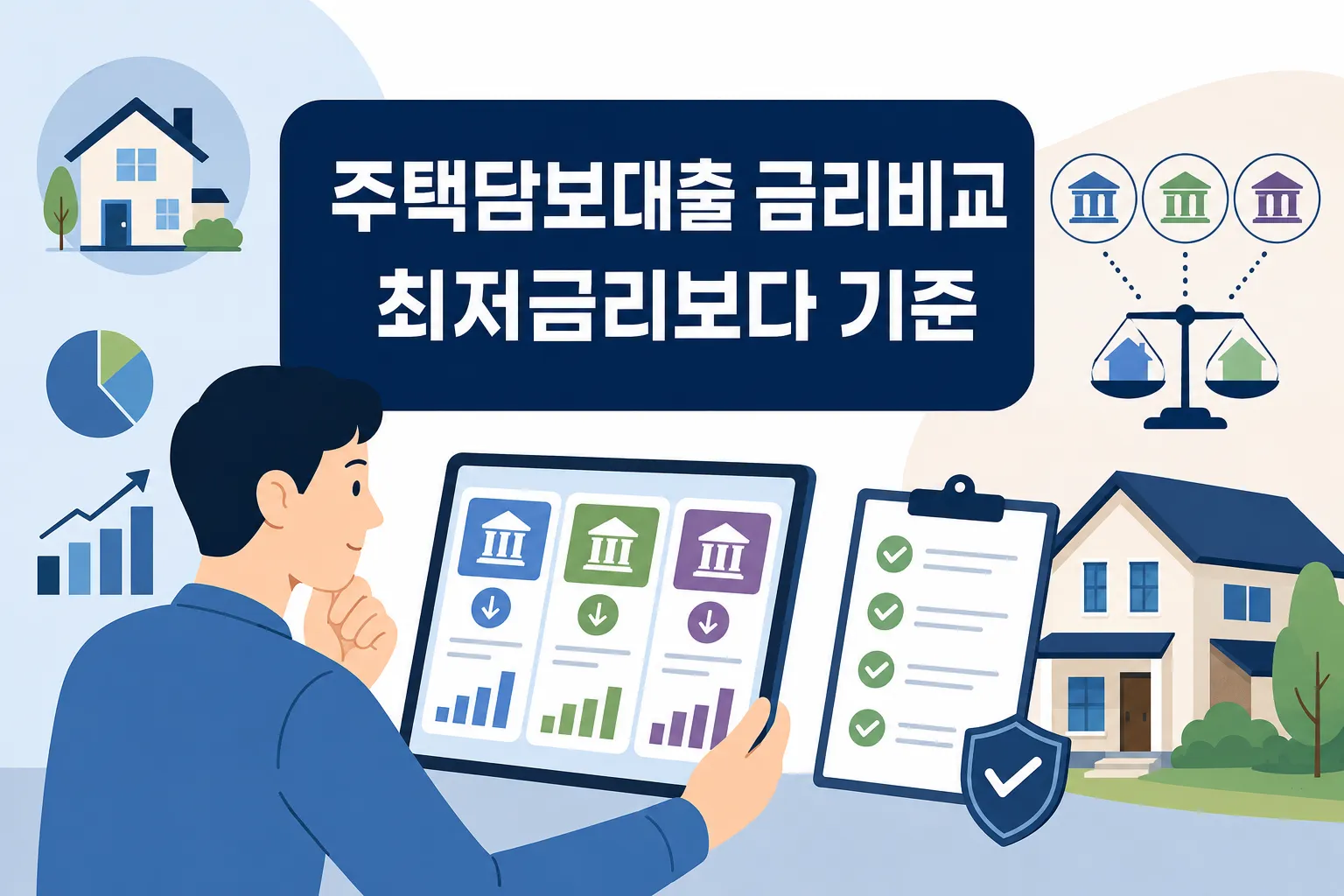 주택담보대출 금리비교를 할 때 최저금리만 보지 않고 실제 상환 기준과 조건 차이를 함께 확인하도록 안내하는 썸네일 이미지