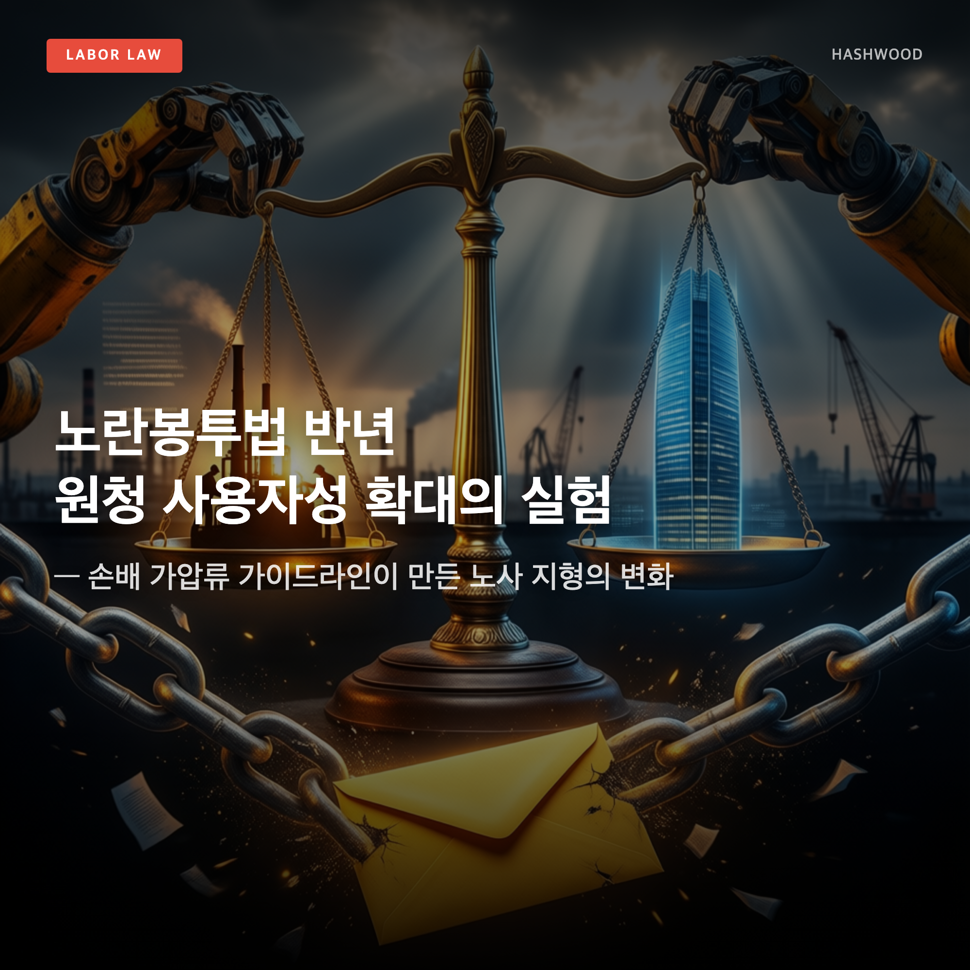 그림: 노란봉투법 반년, 원청 사용자성 확대 실험 — — 손배 가압류 가이드라인이 만든 노사 지형의 변화