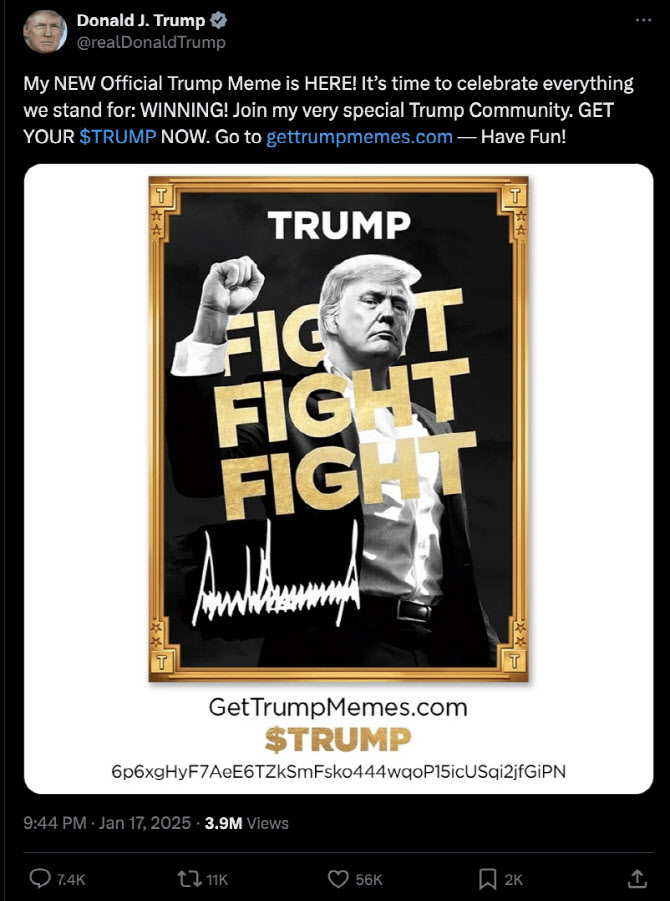 트럼프 밈코인 발행을 알리는 트럼프 트루스 소셜 게시글