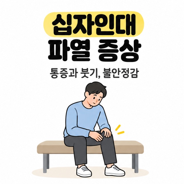 십자인대 파열 증상이라는 제목 아래 벤치에 앉아 무릎에 손을 얹은 남성을 그린 그림