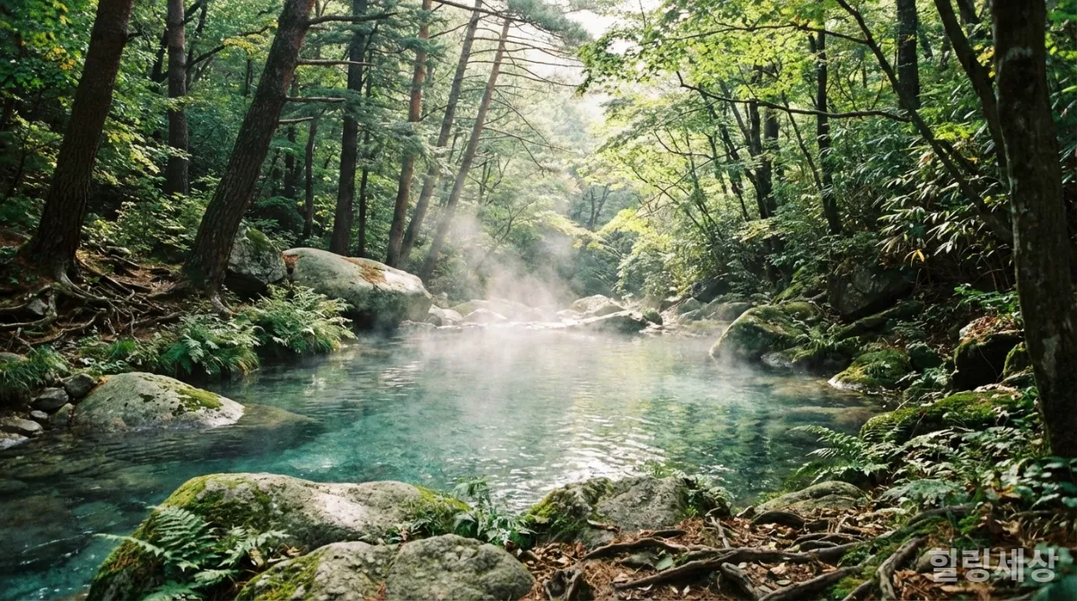 인적이 드문 한국의 계곡 속에 숨겨진 자연 온천의 고요한 풍경