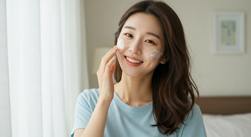 방안에서 선크림을 바르고 있는 여성 이미지