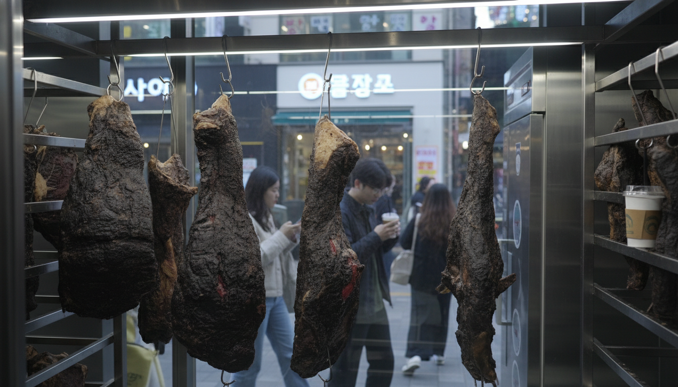 전문 드라이에이징 숙성실에 걸려 있는 진한 갈색의 건식 숙성 소고기 덩어리들