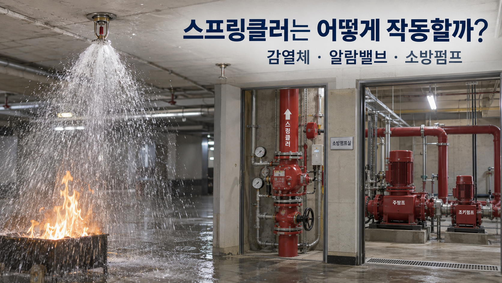 스프링클러 헤드와 알람밸브, 소방펌프 작동 구조