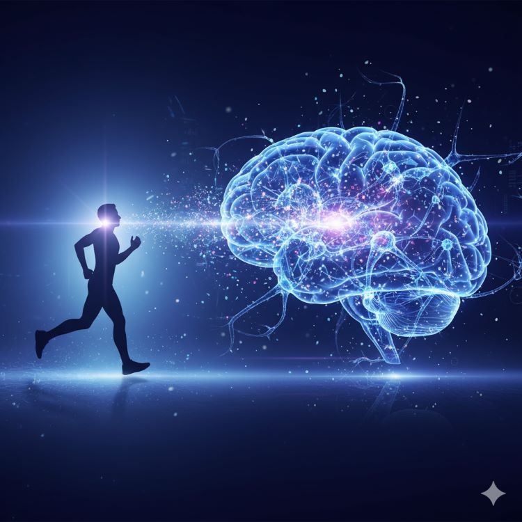 조깅하는 사람의 실루엣과 함께 뇌 안에서 빛나는 신경세포들이 연결되는 모습을 시각화한 이미지. 밝고 희망적인 분위기에 파란색과 보라색 그라데이션을 활용한 과학적이면서도 감성적인 일러스트