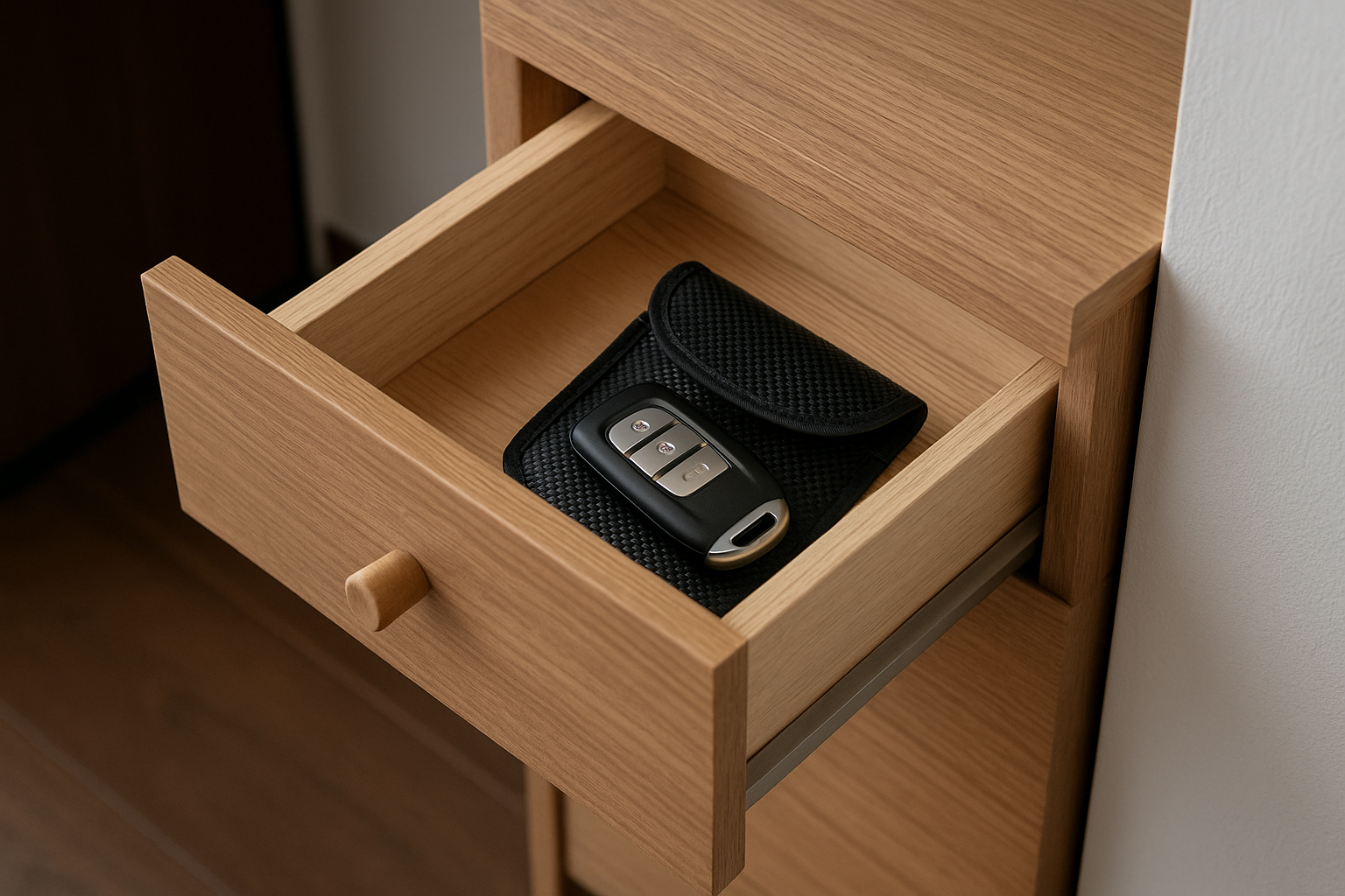 현관에서 떨어진 실내 서랍 안 전파차단 파우치 위 스마트키