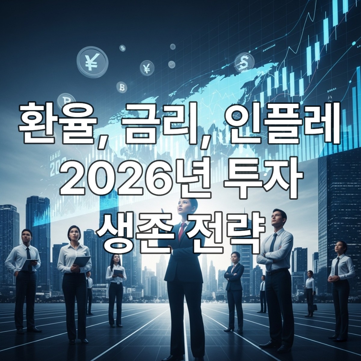2026년 세계 경제 동향을 보여주는 미래 도시의 금융 차트와 디지털 통화 심볼. 투자자들이 데이터를 주시하며 미래 경제의 기회와 도전을 예측하는 모습.