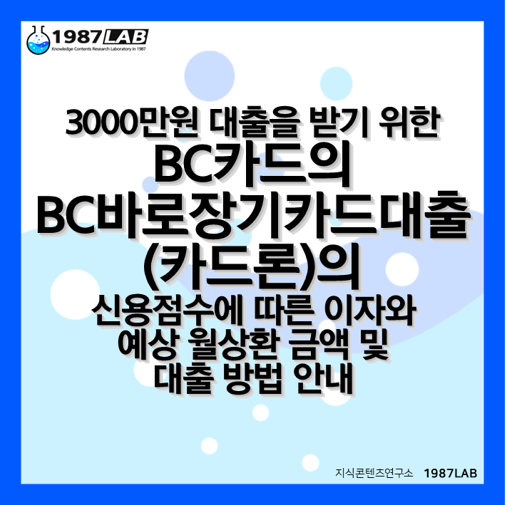 3000만원 대출을 받기 위한 BC카드의 BC바로장기카드대출(카드론)의 신용점수에 따른 이자와 예상 월상환 금액 및 대출 방법 안내