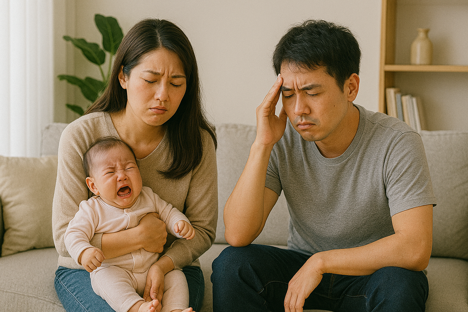 신혼부부가 육아에 고민하는 모습의 사진 입니다.
