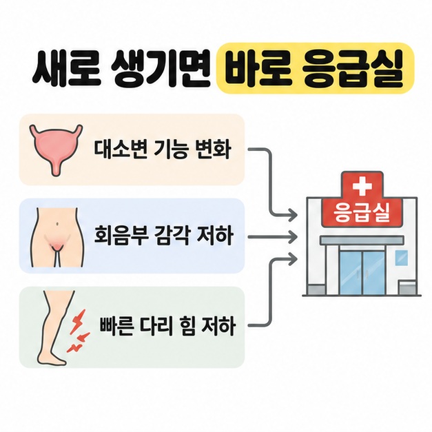 방광, 하복부, 다리 그림 옆에 대소변 기능 변화와 회음부 감각 저하, 빠른 다리 힘 저하를 적고 각각 응급실로 연결한 도식