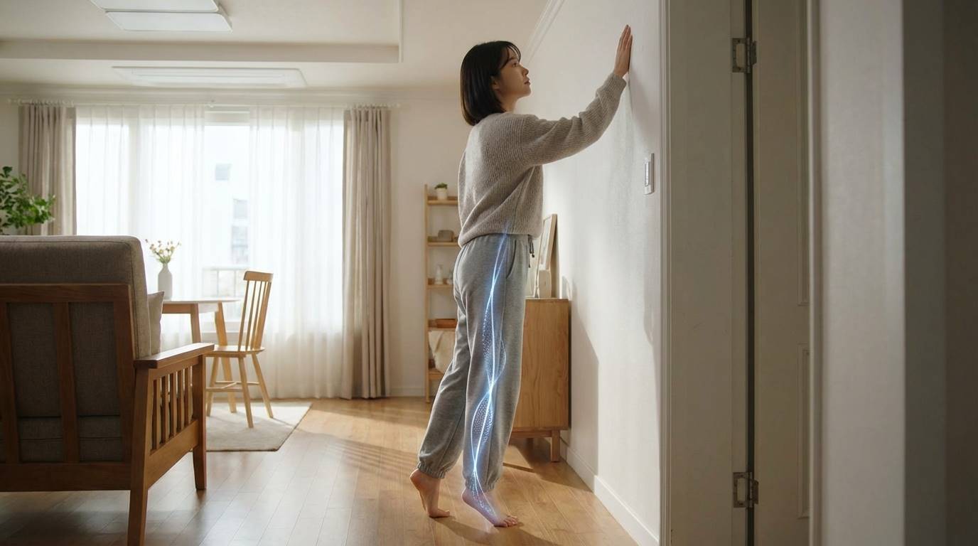 집 안에서 편안한 복장의 여성이 까치발을 들고 서 있는 모습, 발뒤꿈치에서 뼈로 이어지는 에너지가 시각적으로 표현됨