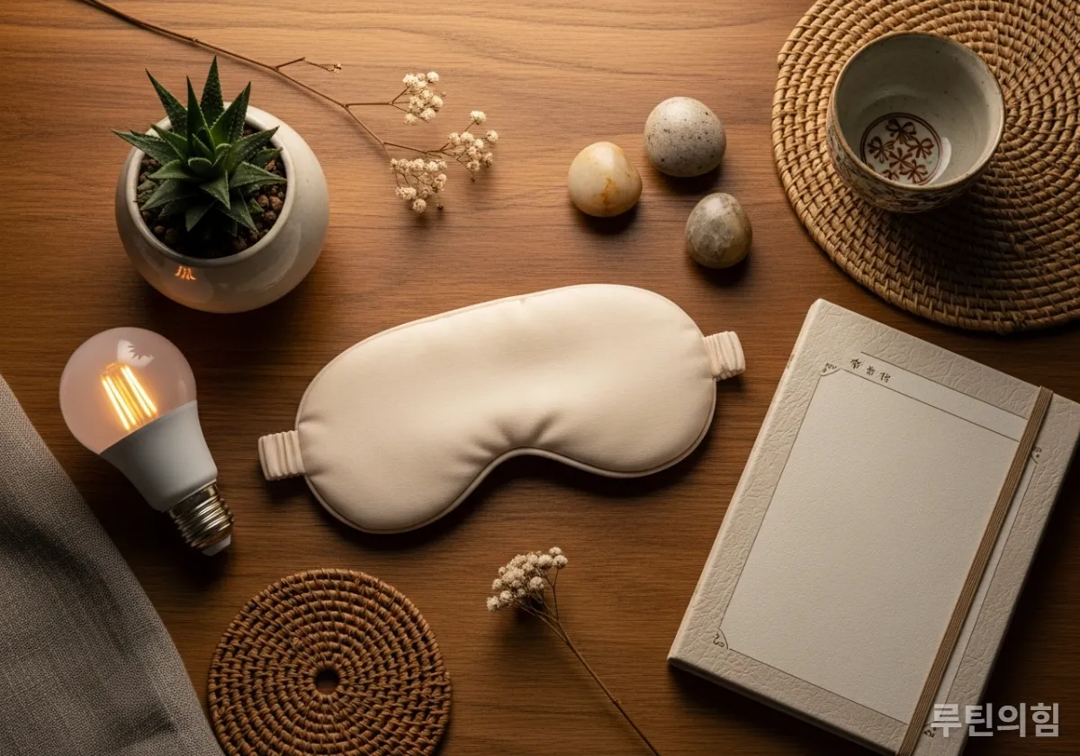 따뜻한 수면 안대와 스마트 조명, 다이어리가 놓인 테이블
