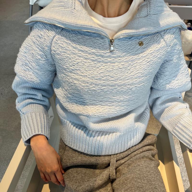 수입 렉토 RT 스타일 빅카라 반집업 니트 (블루)