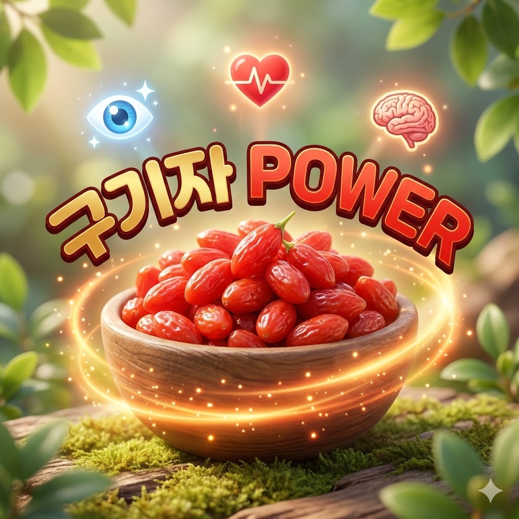 생기 넘치는 붉은 구기자가 나무 그릇에 가득 담겨 있고, 건강과 활력을 상징하는 아이콘들이 주변에 은은하게 빛나는 모습.