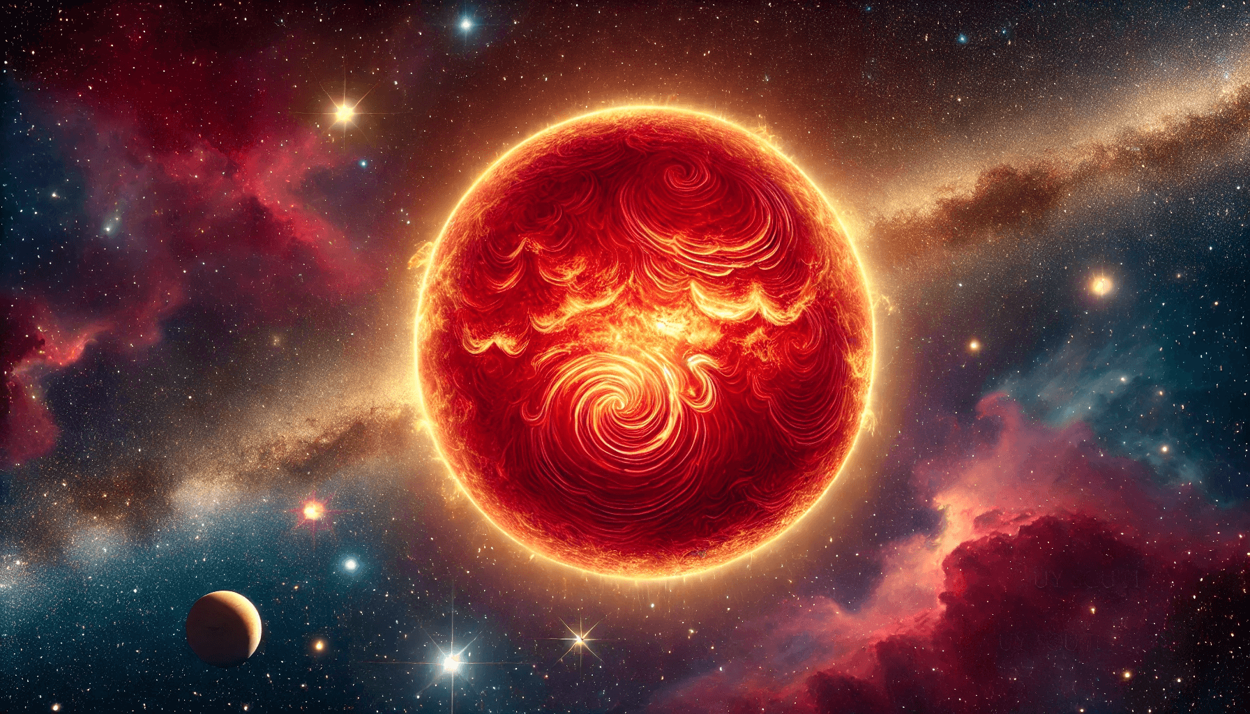 현재 발견된 가장 큰 항성인 방패자리 UY의 모습 태양처럼 붉은색이 이글거리는 항성의 모습이며 주변에는 다른 별들이 빛나고 있다.