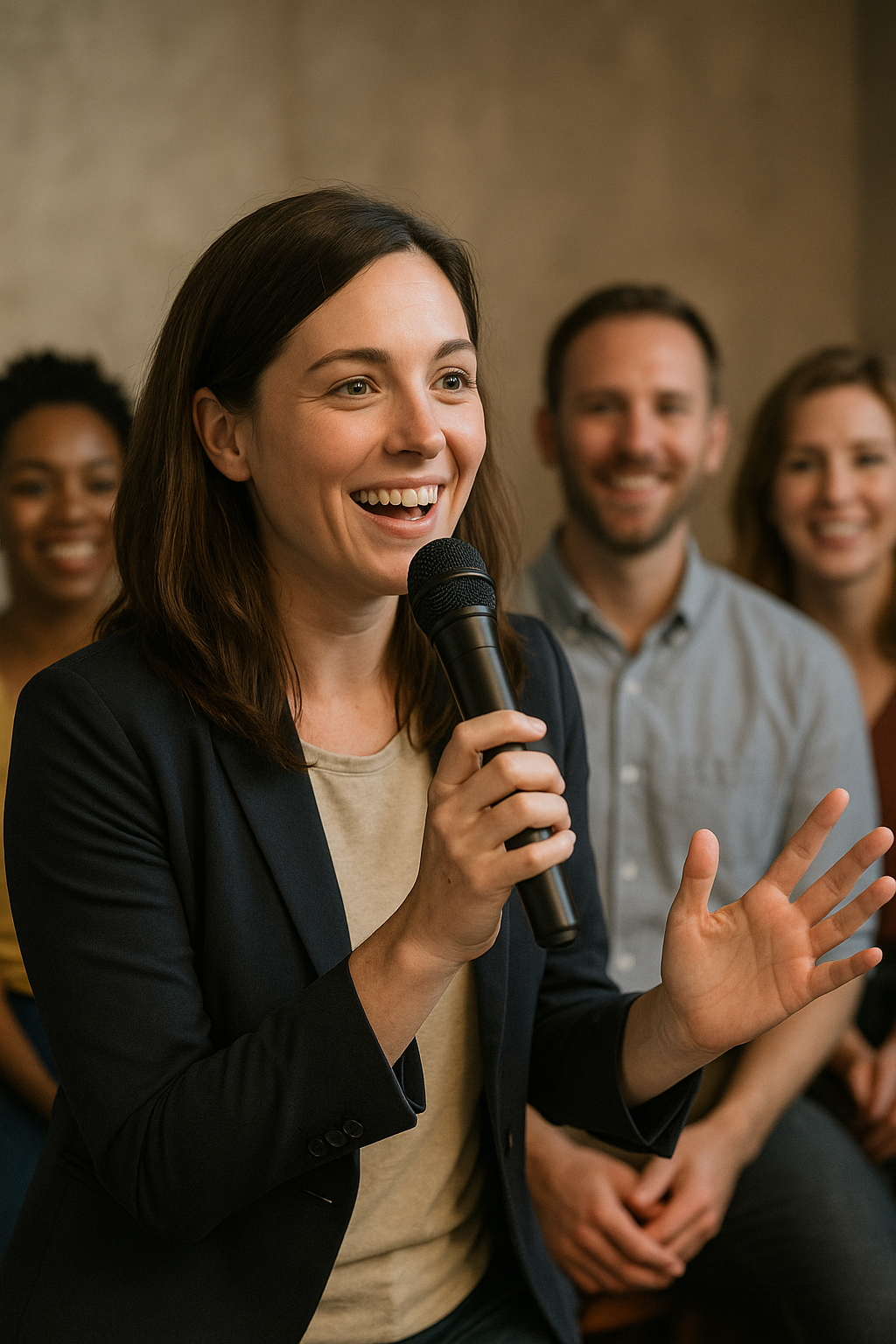 마이크 들고 발표하는 여성의 사진