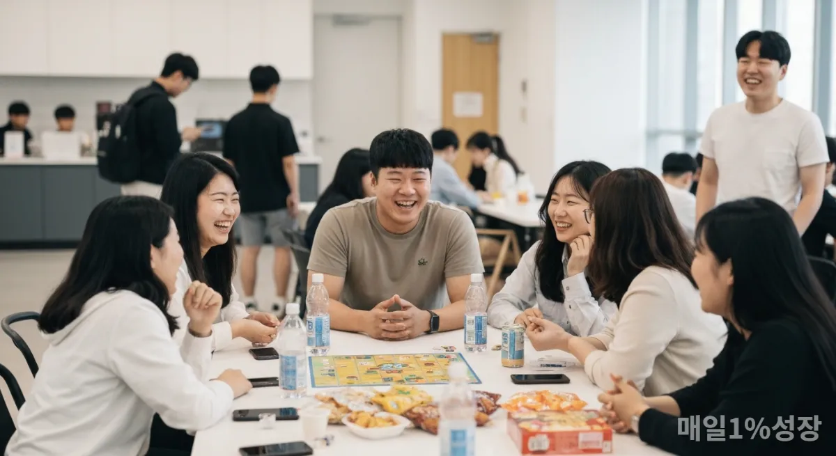 서울의 커뮤니티 센터에서 보드게임을 하며 즐겁게 대화하는 다양한 연령대의 한국인 그룹