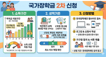 국가장학금 2차 소득구간, 성적기준, 신청방법 안내 인포그래픽