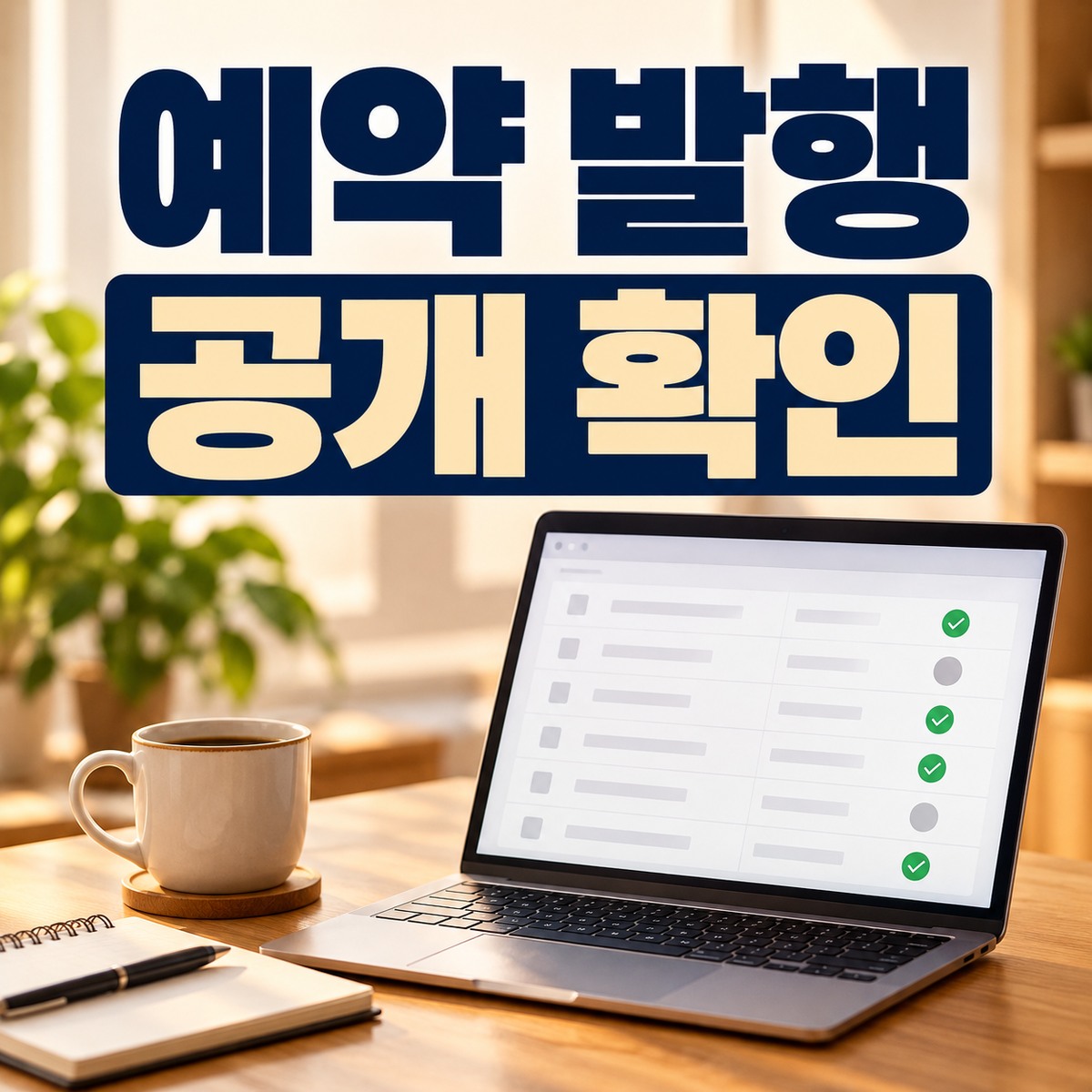 노트북의 발행 점검 목록과 커피잔이 놓인 책상에 예약 발행 공개 확인 문구가 표시된 모습
