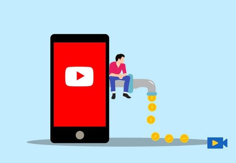 유튜브 채널 수익화 과정을 보여주는 일러스트 - 스마트폰 유튜브 앱에서 동전이 쏟아지는 모습 via Pixabay