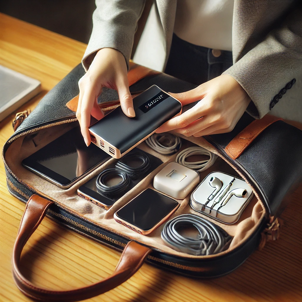 가방에 보조배터리를 넣는 장면