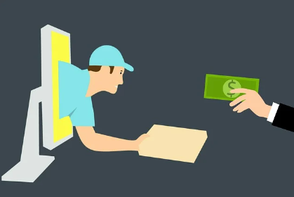 쿠팡플레이 쿠팡와우 무료체험 혜택 중 하나인 내일 새벽 도착 보장을 의미하는 컴퓨터에서 바로 나오는 택배기사와 택배박스 사진