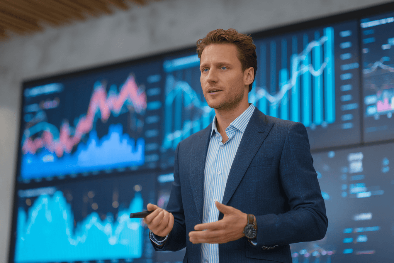 차트-스크린-앞에서-설명중인-남자-이미지