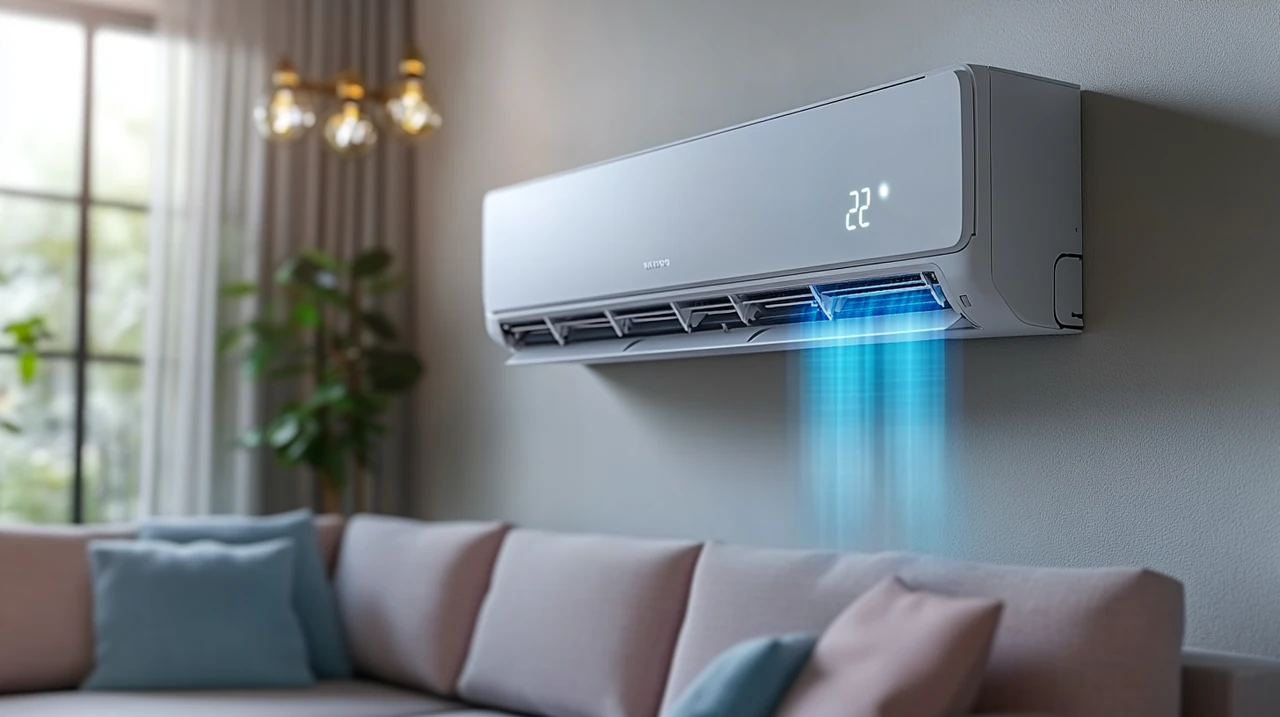 현대적 거실에 설치된 세련된 벽걸이 에어컨이 쾌적한 환경을 유지해줍니다. 에너지 효율과 스타일리시한 디자인이 어우러져 공간의 편안함을 극대화합니다.