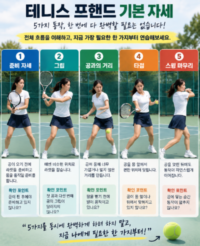 테니스 포핸드 기본 자세, 첫 레슨에서 5가지를 한꺼번에 외워야 할까?