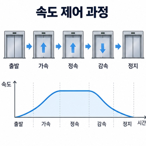 출발 가속 정속 감속 정지 순서로 이어지는 엘리베이터 속도 제어 과정 인포그래픽
