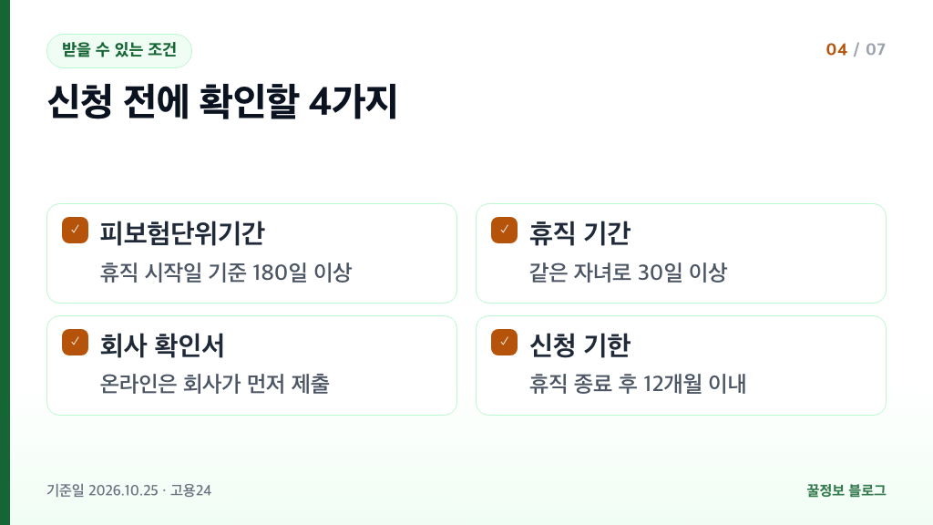 육아휴직급여 받는 조건 피보험단위기간 180일 이상 같은 자녀 30일 이상 휴직 신청 기한 12개월
